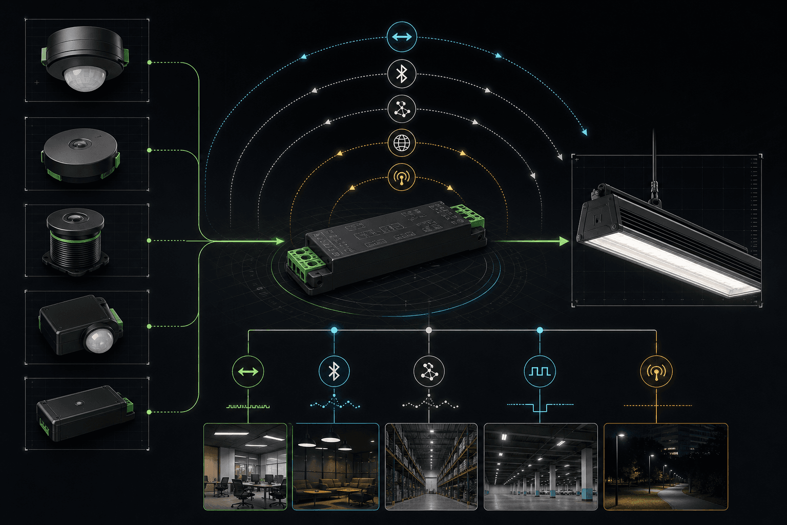 Connected lighting ecosystem linking a radar sensor, driver, luminaire and control protocols